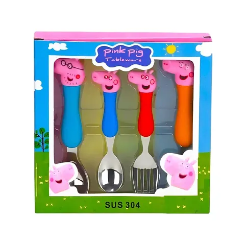 SARASI Pig Family Cartoon Character Theme Spoon Set Stainless Steel, Plastic Cutlery Set (Pack of 4)