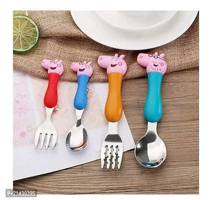 SARASI Pig Family Cartoon Character Theme Spoon Set Stainless Steel, Plastic Cutlery Set (Pack of 4)-thumb5