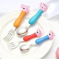 SARASI Pig Family Cartoon Character Theme Spoon Set Stainless Steel, Plastic Cutlery Set (Pack of 4)-thumb1