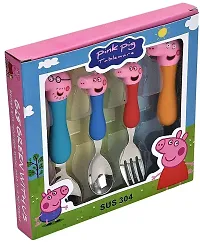 SARASI Pig Family Cartoon Character Theme Spoon Set Stainless Steel, Plastic Cutlery Set (Pack of 4)-thumb2