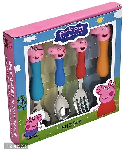 SARASI Pig Family Cartoon Character Theme Spoon Set Stainless Steel, Plastic Cutlery Set (Pack of 4)-thumb3