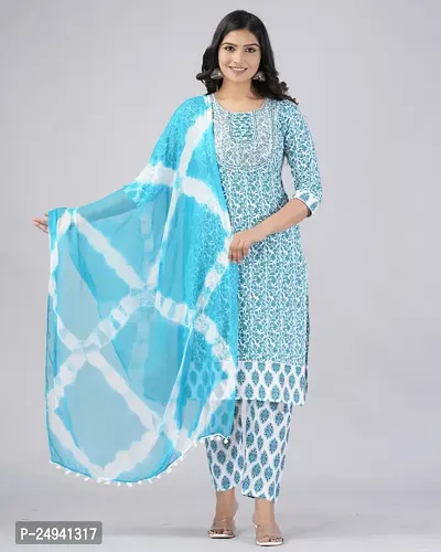 MAUKA Cotton Printed Kurti With Pants Women's Stitched Salwar Suit - Blue ( Pack of 1 )-thumb0