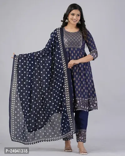 MAUKA Rayon Printed Kurti With Pants Women's Stitched Salwar Suit - Blue ( Pack of 1 )