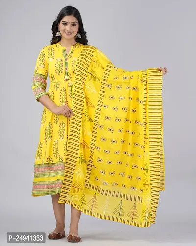 MAUKA - yellow Straight Rayon Women's Stitched gown dupatta set ( Pack of 1 )