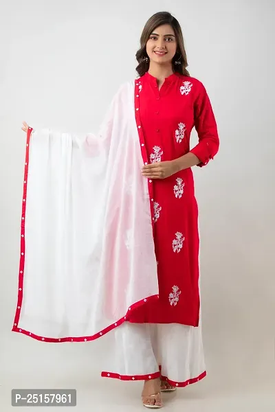 MAUKA - Red Straight Rayon Women's Stitched Salwar Suit Dupatta Set ( Pack of 1 )