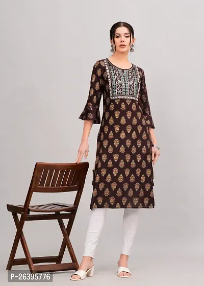 Classic Rayon  Brown Embroidered Women's Straight kurti pack of 1-thumb0