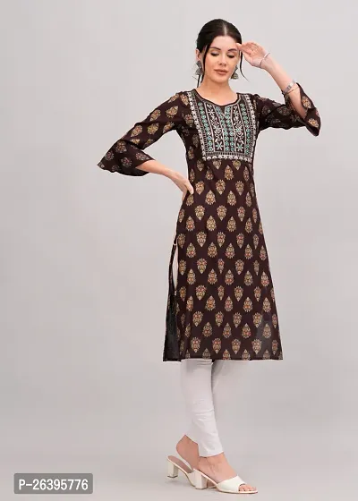 Classic Rayon  Brown Embroidered Women's Straight kurti pack of 1-thumb2