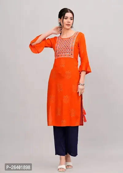 MAUKA - Orange Rayon Embroridered Women's Straight kurti(pack of 1)-thumb0