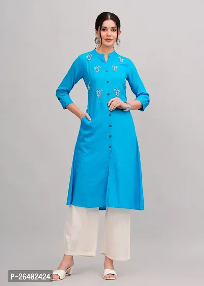 MAUKA - Blue Rayon Embroidered Women's Straight kurti(pack of 1)-thumb0