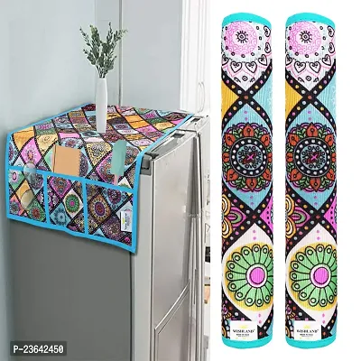 Mandala Pattern Combo Pack of 1 Fridge Top Cover with 6 Utility Pockets and 1 Fridge Handle Cover(Size : 46X22  14X6 Inches, Set of 2 Pc)-thumb0