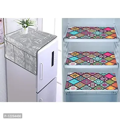 WISHLAND? Set of 5 Pcs Silver Rose Fridge Cover Combo With 1 Fridge Top Cover with 6 Utility Pockets And 4 Pcs Multipurpose Fridge Mats