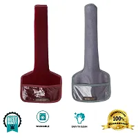 Set of 2 Pcs Velvet Fridge Handle Cover with Pocket for Oven/Refrigerator/Car (6X14 Inches, Grey Maroon)-thumb1