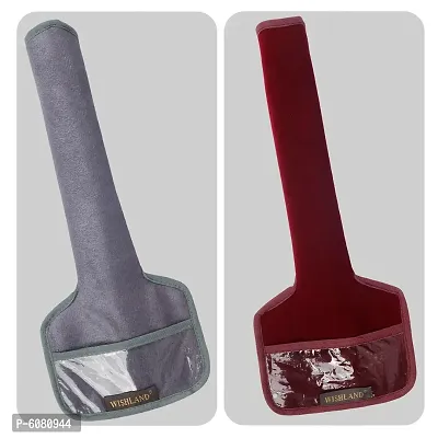 Set of 2 Pcs Velvet Fridge Handle Cover with Pocket for Oven/Refrigerator/Car (6X14 Inches, Grey Maroon)-thumb0