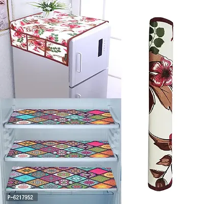 1 Pc Fridge Cover For Top With 6 Pockets + 1 Handle Cover + 3 Fridge Mats( Fridge Cover Combo Set Of 5 Pcs)