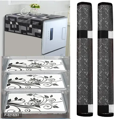 1 Pc Fridge Cover For Top With 6 Pockets + 2 Handle Cover + 3 Fridge Mats( Fridge Cover Combo Set Of 6 Pcs)