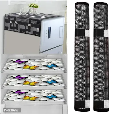 1 Pc Fridge Cover For Top With 6 Pockets + 2 Handle Cover + 3 Fridge Mats( Fridge Cover Combo Set Of 6 Pcs)