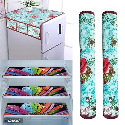1 Pc Fridge Cover For Top With 6 Pockets + 2 Handle Cover + 3 Fridge Mats( Fridge Cover Combo Set Of 6 Pcs)