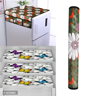 1 Pc Fridge Cover For Top With 6 Pockets + 1 Handle Cover + 3 Fridge Mats( Fridge Cover Combo Set Of 5 Pcs)