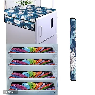 1 Pc Fridge Cover For Top With 6 Pockets + 1 Handle Cover + 4 Fridge Mats( Fridge Cover Combo Set Of 6 Pcs)