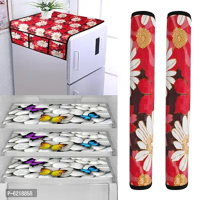 1 Pc Fridge Cover For Top With 6 Pockets + 2 Handle Cover + 3 Fridge Mats( Fridge Cover Combo Set Of 6 Pcs)