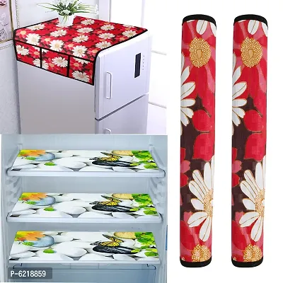 1 Pc Fridge Cover For Top With 6 Pockets + 2 Handle Cover + 3 Fridge Mats( Fridge Cover Combo Set Of 6 Pcs)