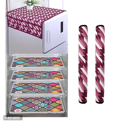 1 Pc Fridge Cover For Top With 6 Pockets + 2 Handle Cover + 4 Fridge Mats( Fridge Cover Combo Set Of 7 Pcs)-thumb0