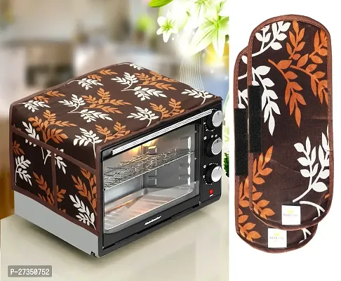 Combo Pack of 1 Microwave Oven, Toaster, and Griller Top Cover with 4 Pockets + 2 Fridge Handle  Cover (Material: Polyester, Color: Brown)-thumb0