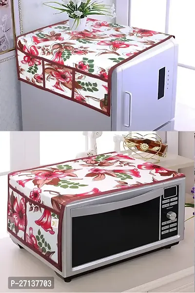 Combo Pack of Fridge Top Cover and Microwave Oven Top Cover with 4 Pockets(Red, White)