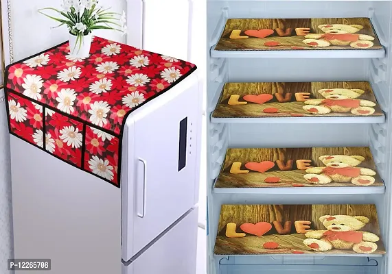 WISHLAND? Set of 5 Pcs Fridge Cover Combo With 1 Fridge Top Cover with 6 Utility Pockets And 4 Pcs Multipurpose Fridge Mats-thumb0