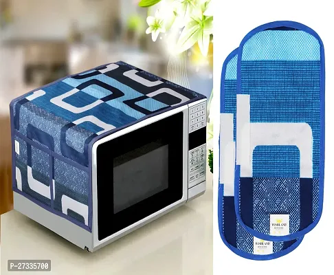 Combo Pack of 1 Microwave Over Top Cover with 4 Pockets + 2 Fridge Handle  Cover (Material: Polyester, Color: Blue)-thumb0