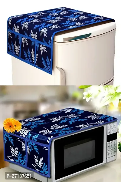 Combo Pack of Fridge Top Cover and Microwave Oven Top Cover with 4 Pockets(Blue)-thumb0