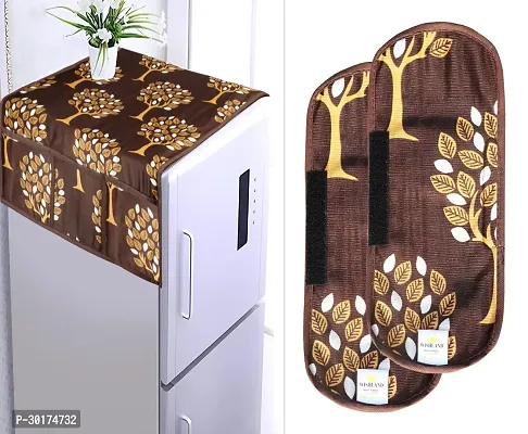 Wishland Combo Pack of 1 Fridge Top Cover with 6 Utility Pockets + 2 Fridge Handle Cover (Material: Polyester, Color: Brown)-thumb0