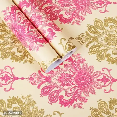 Luxury Damask Peel and Stick Wallpaper For Shelf Liner, Furniture, Almirah, Table Top, Wardrobe (Golden  Pink, 18 Inch X 5 Meter)-thumb0