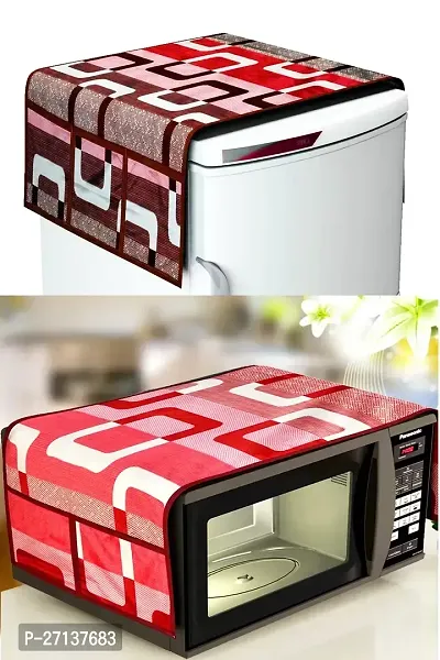 Combo Pack of Fridge Top Cover and Microwave Oven Top Cover with 4 Pockets(Red)