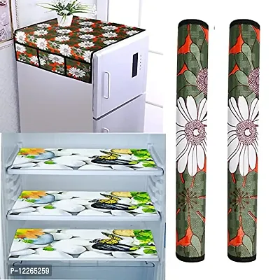 WISHLAND? 1 Pc Fridge Cover for Top with 6 Pockets + 2 Handle Cover + 3 Fridge Mats(Fridge Cover Combo Set of 6 Pcs)-thumb0