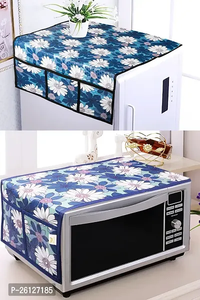 Combo Pack of Fridge Top Cover and Microwave Oven Top Cover with 4 Pockets(Blue)