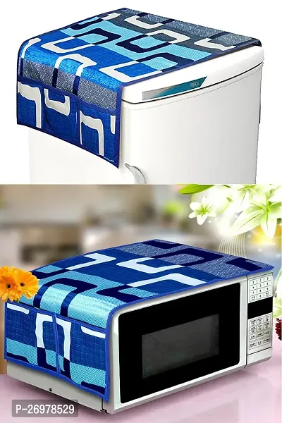 Wishlandreg; Combo Pack of Fridge Top Cover and Microwave Oven Top Cover with 4 Pockets(Blue)-thumb0