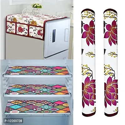 WISHLAND? Set of 5 Pcs Golden Red Fridge Cover Combo With 1 Fridge Top Cover with 6 Utility Pockets And 4 Pcs Multipurpose Fridge Mats