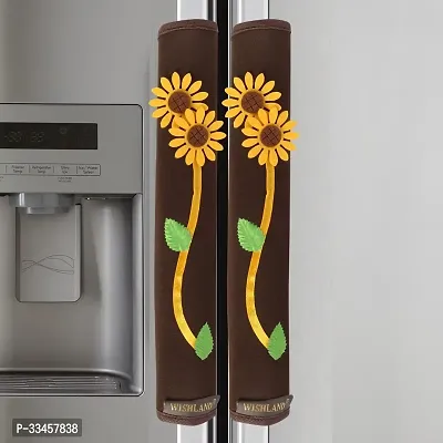 Set of 2 Pcs Velvet Fridge Handle Cover With Sunflower Design (6X12 Inches, Brown)-thumb0