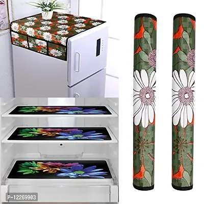 WISHLAND? 1 Pc Fridge Cover for Top with 6 Pockets + 2 Handle Cover + 3 Fridge Mats(Fridge Cover Combo Set of 6 Pcs)