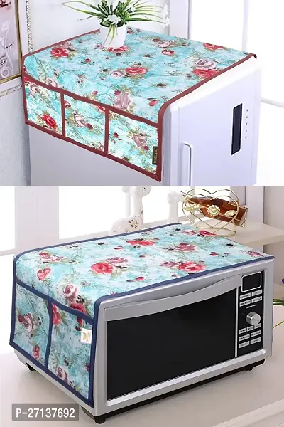 Combo Pack of Fridge Top Cover and Microwave Oven Top Cover with 4 Pockets(Blue Rose)-thumb0