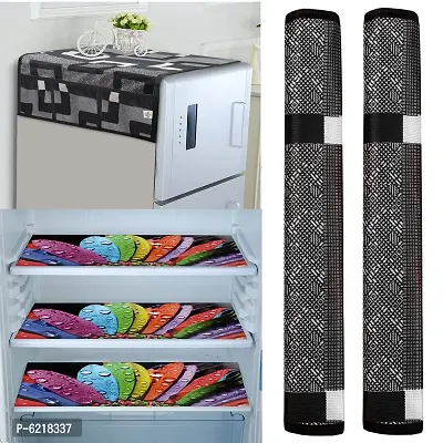1 Pc Fridge Cover For Top With 6 Pockets + 2 Handle Cover + 3 Fridge Mats( Fridge Cover Combo Set Of 6 Pcs)-thumb0