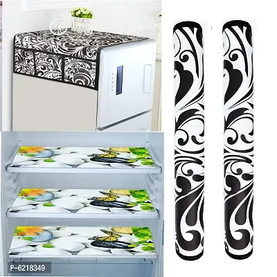 1 Pc Fridge Cover For Top With 6 Pockets + 2 Handle Cover + 3 Fridge Mats( Fridge Cover Combo Set Of 6 Pcs)-thumb0