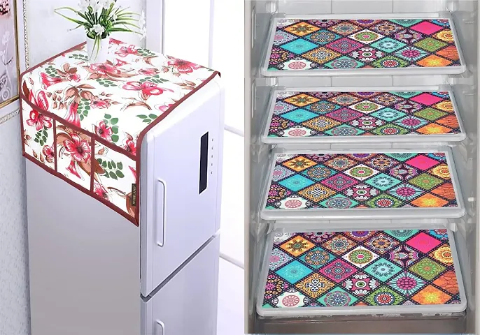 WISHLAND? Set of 5 Pcs Fridge Cover Combo With 1 Fridge Top Cover with 6 Utility Pockets And 4 Pcs Multipurpose Fridge Mats