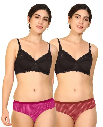 Elegant Self Pattern Bras And Panty Set For Women- Pack Of 2