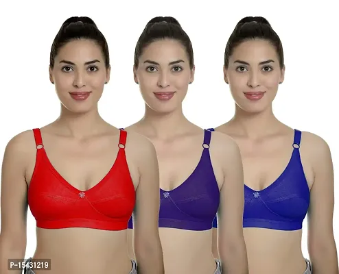 Women?s Cotton Lycra Blend Bra, Regular Everyday Bra|Full Coverage Bra|Soft and fine Quality Fabric with Solid Work R Cup Bra_Red::Dark Blue::Blue_36