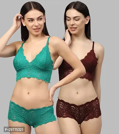 Women Net Bra Panty Set for Lingerie Set ( Pack of 2 ) ( Color : Green,Maroon )-thumb0