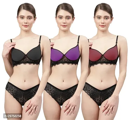 Women Net Bra Panty Set for Lingerie Set ( Pack of 3 ) ( Color : Black,Purple,Maroon )-thumb0