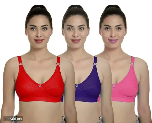 Women?s Cotton Lycra Blend Bra, Regular Everyday Bra|Full Coverage Bra|Soft and fine Quality Fabric with Solid Work R Cup Bra_Red::Dark Blue::Orange_34