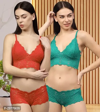 Women Net Bra Panty Set for Lingerie Set ( Pack of 2 ) ( Color : Red,Green )